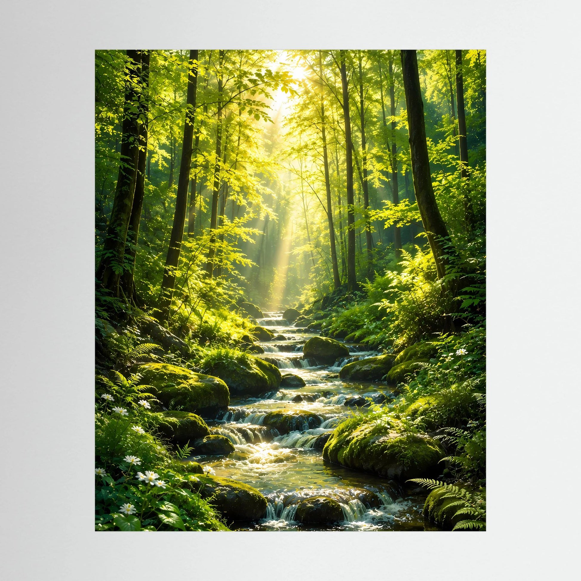 Vertikales Poster mit Waldbach und Bachlauf im grünen Wald, sonnige Lichtstrahlen