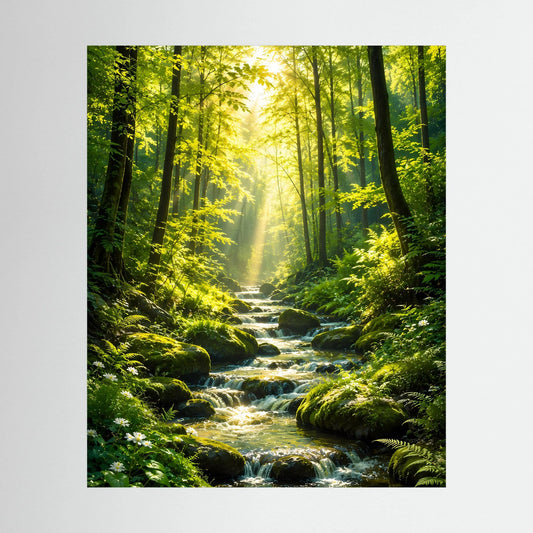 Vertikales Poster mit Waldbach und Bachlauf im grünen Wald, sonnige Lichtstrahlen