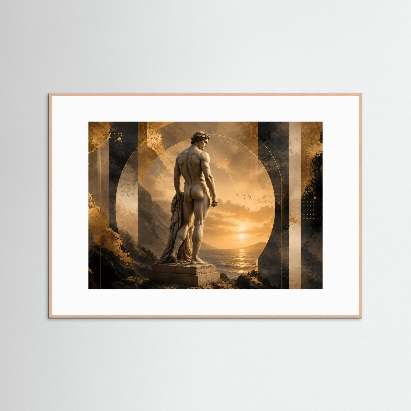 Gerahmter Poster mit antiker Männerstatue in Gold und Schwarz, Querformat, brauner Rahmen