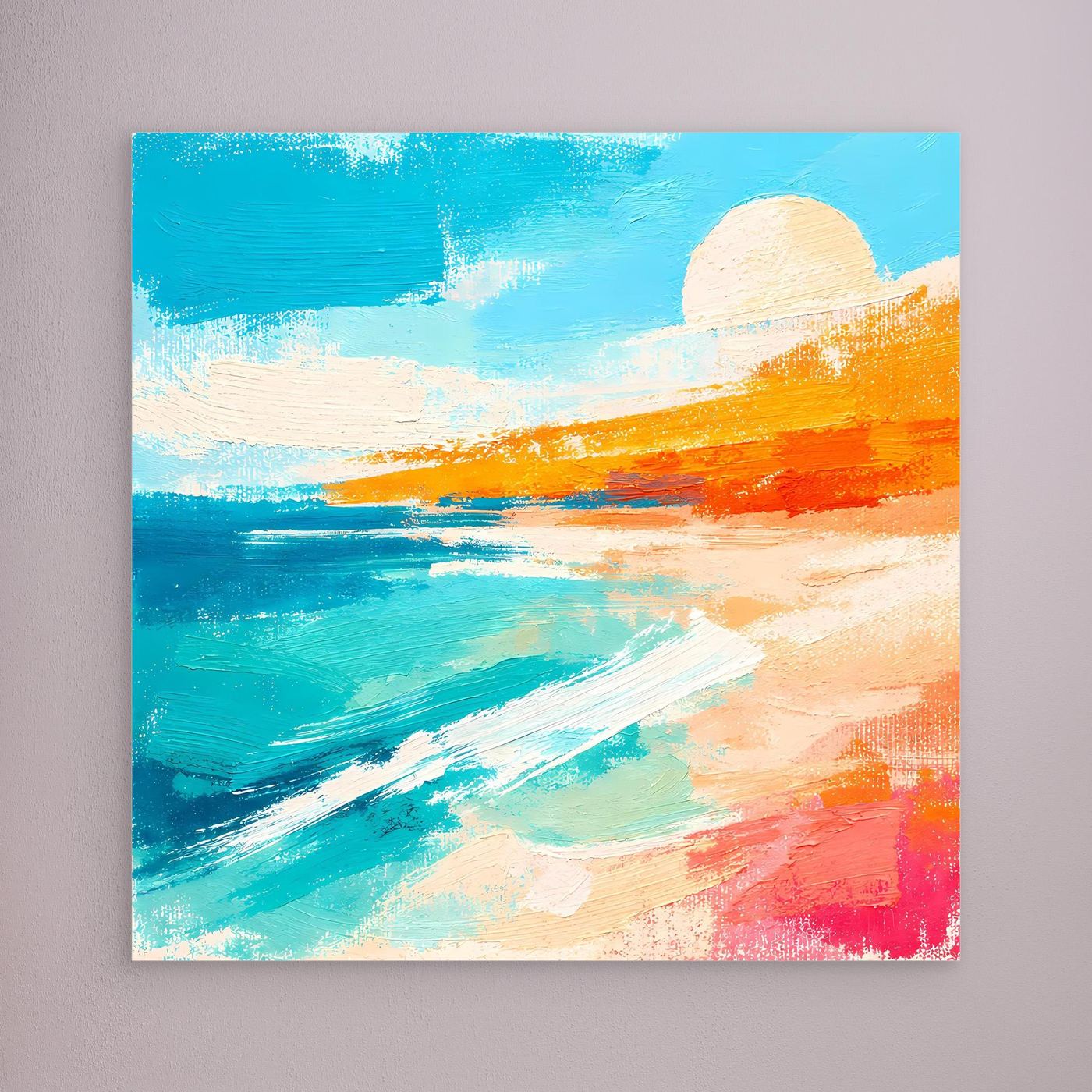 Abstract beach wall art: teal ocean, orange shore, pale sun; unframed