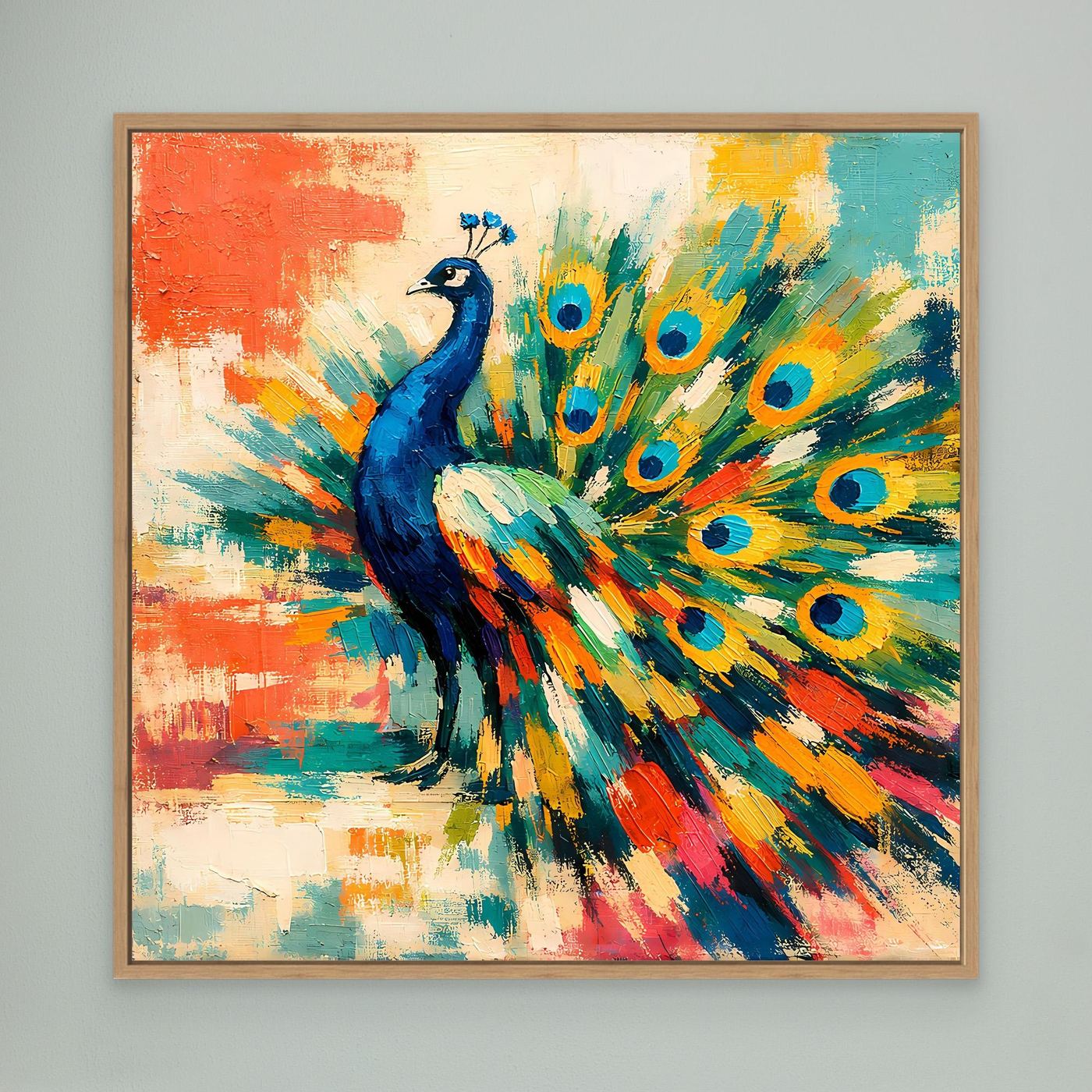 Peacock canvas wall art with colorful fan feathers, wood frame