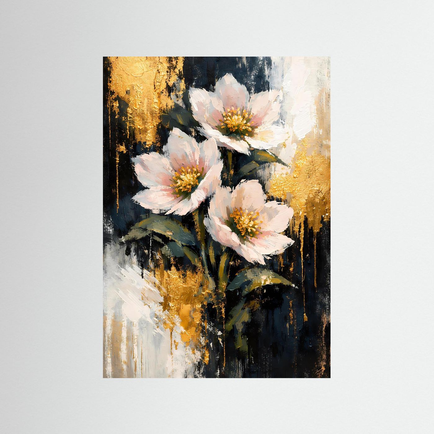 Abstraktes Blumenposter im Hochformat mit rosa Blüten und goldenen Akzenten