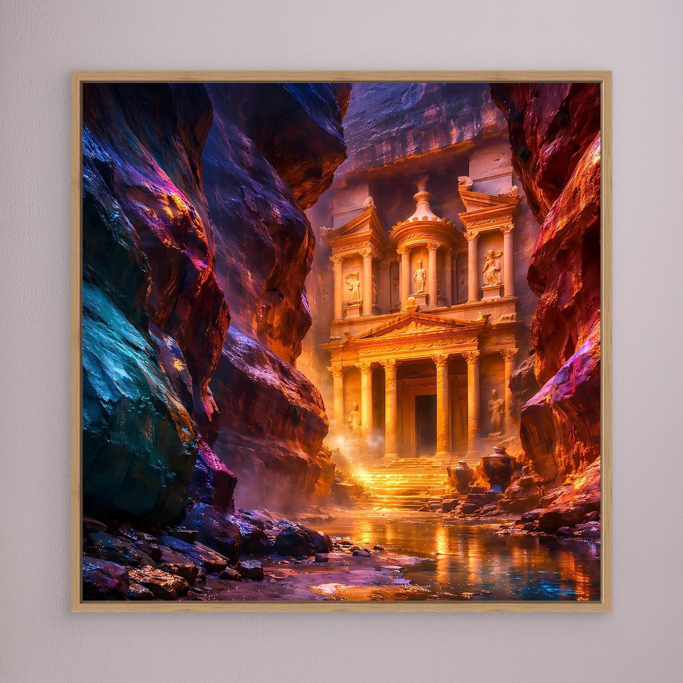 Leinwandbild Mystisches Petra im Abendlicht | Antike Felsenstadt Wandbild auf echtem Holzkeilrahmen