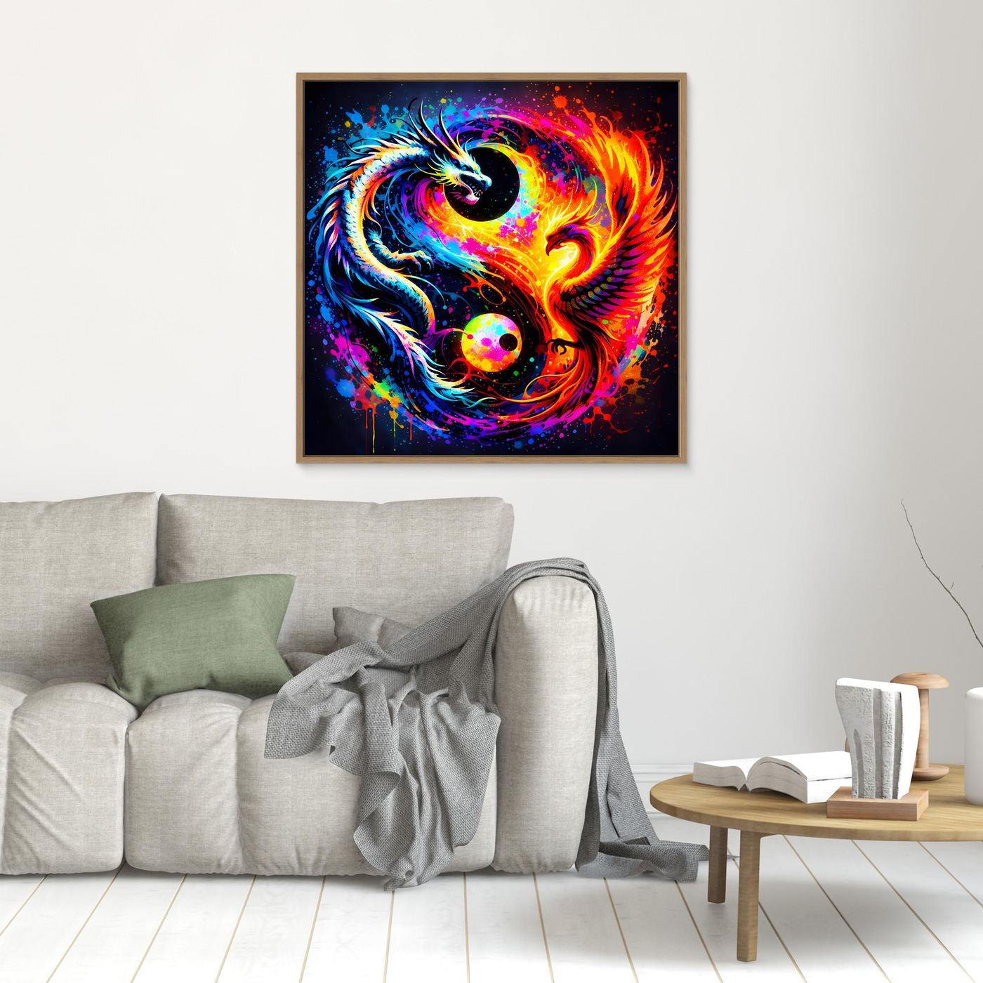 Gerahmtes Leinwandbild mit Drachen- und Phönix-Yin-Yang-Motiv, goldfarbener Rahmen