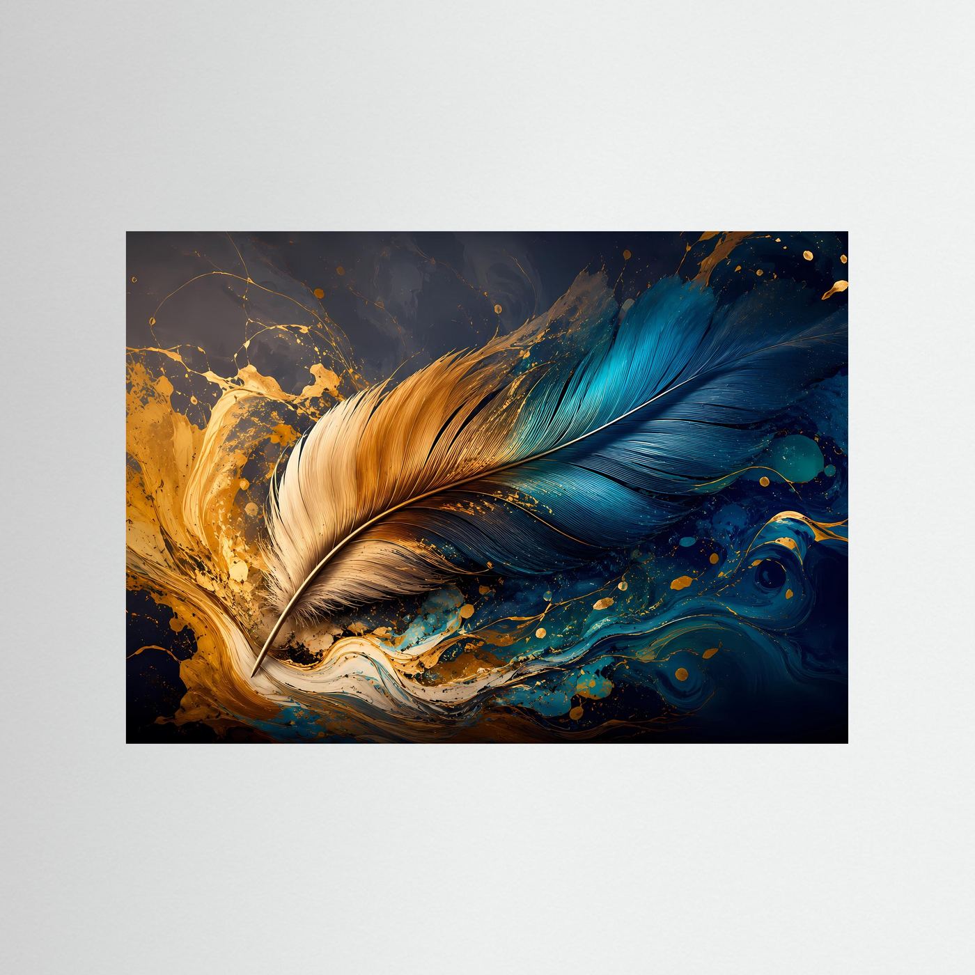 Schwerelose Eleganz: Goldene und blaue Feder im Farbrausch | Modernes Art-Poster Querformat