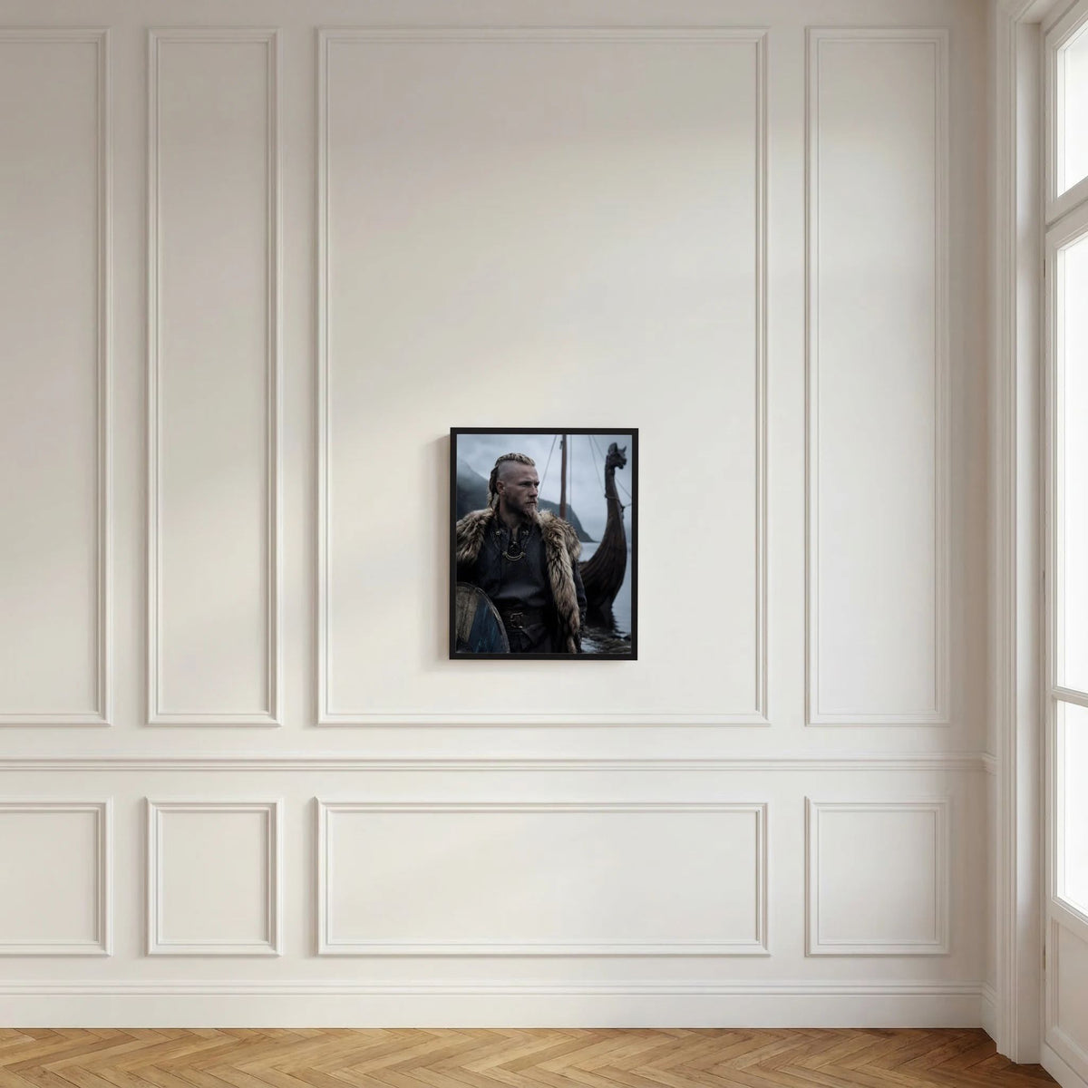Wikinger-Krieger-Poster an weißer Wand: nordischer Seefahrer mit Schild