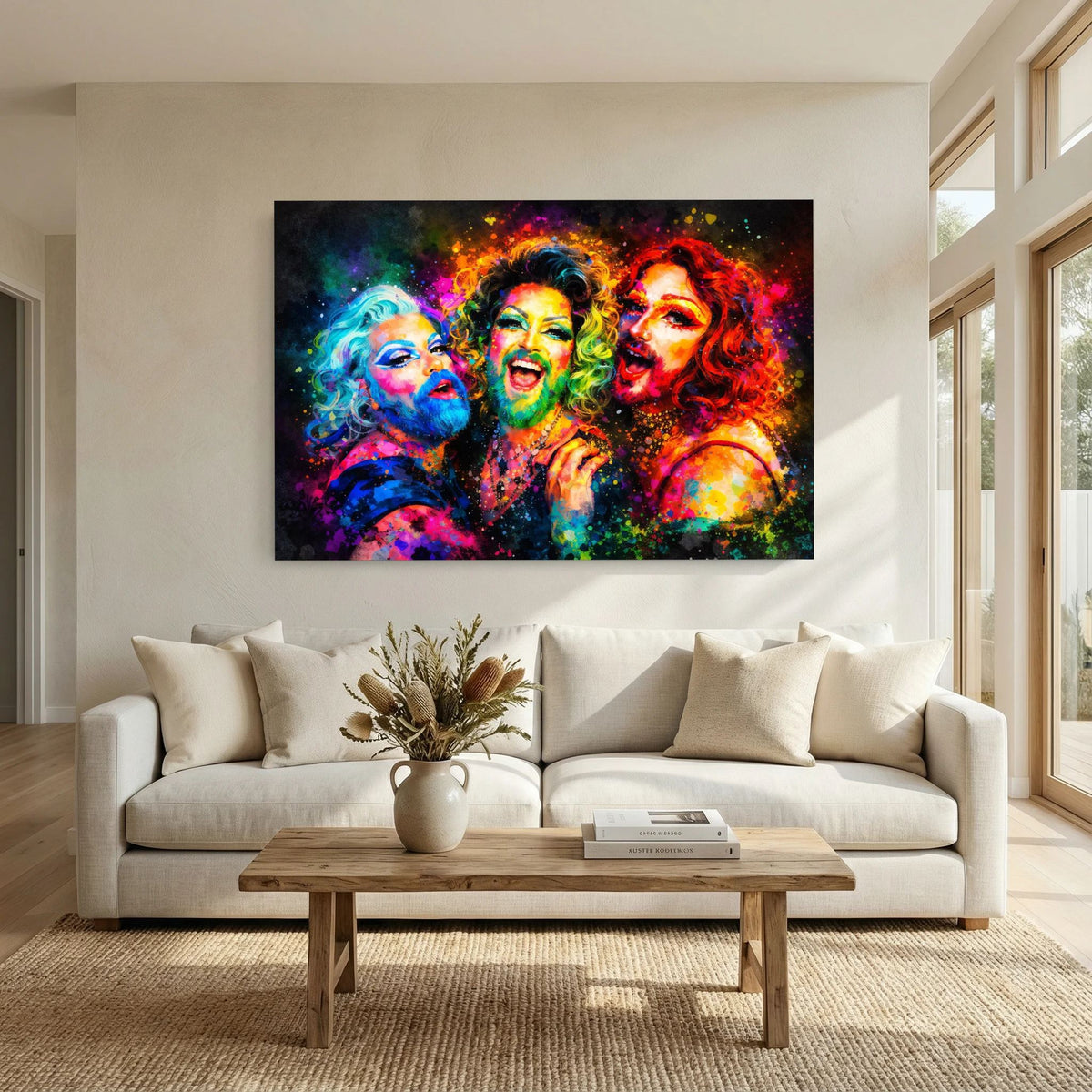 Poster mit farbiger Porträtkunst von drei Personen, Drag-Looks mit kräftigen Farben