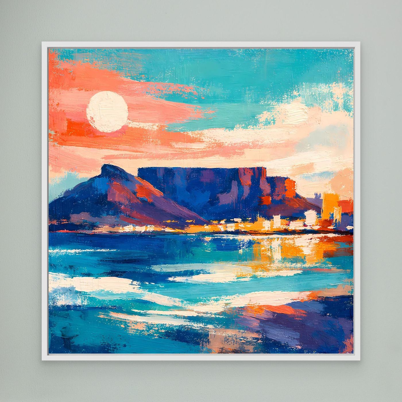 Abstraktes Leinwandbild: Küste mit Sonne, Meer, Berg und Stadt, weiß gerahmt