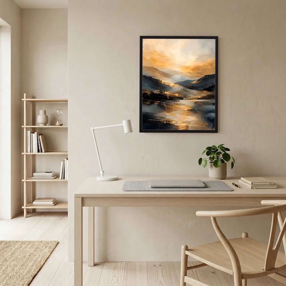 Kunstposter mit abstrakter Berglandschaft in Gold, Schwarz und Creme, schwarz gerahmt.