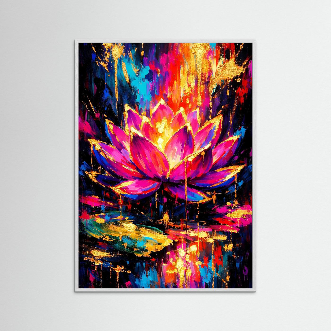 Abstraktes Poster mit Lotusmotiv in Pink, Lila, Blau und Gold im schwarzen Rahmen