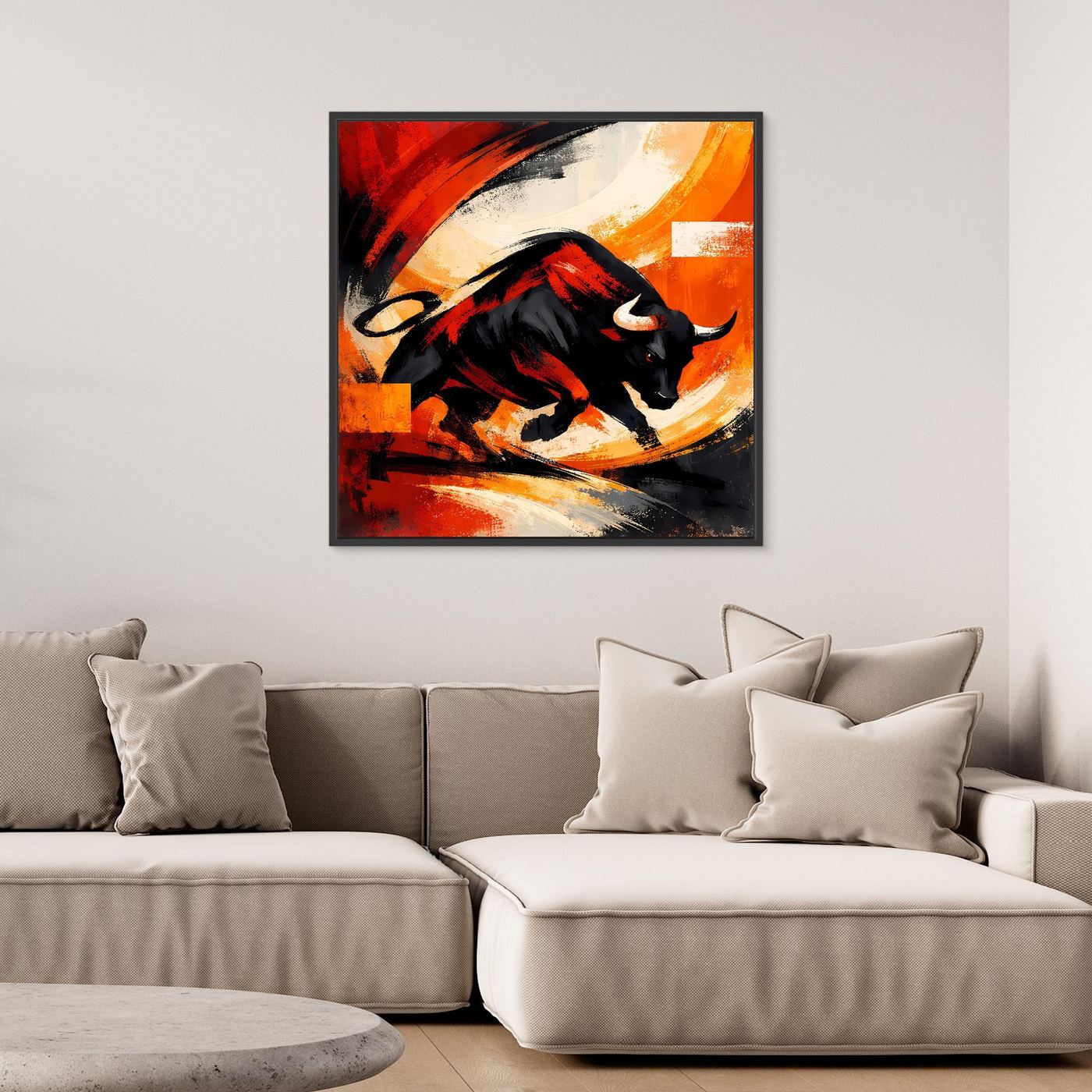 Gerahmtes Leinwandbild mit schwarzem Stier und abstraktem Rot-Orange-Schweif