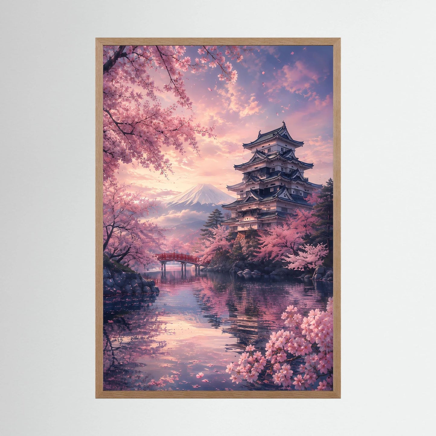 Hochformatiges Poster mit Sakura, Tempelpagode und Bergsilhouette im Holzrahmen