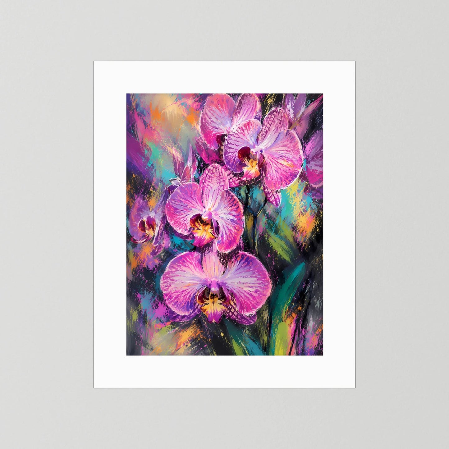 Hochformatiges Kunstposter mit Orchideenmotiv in Pink und Violett, weißer Rand