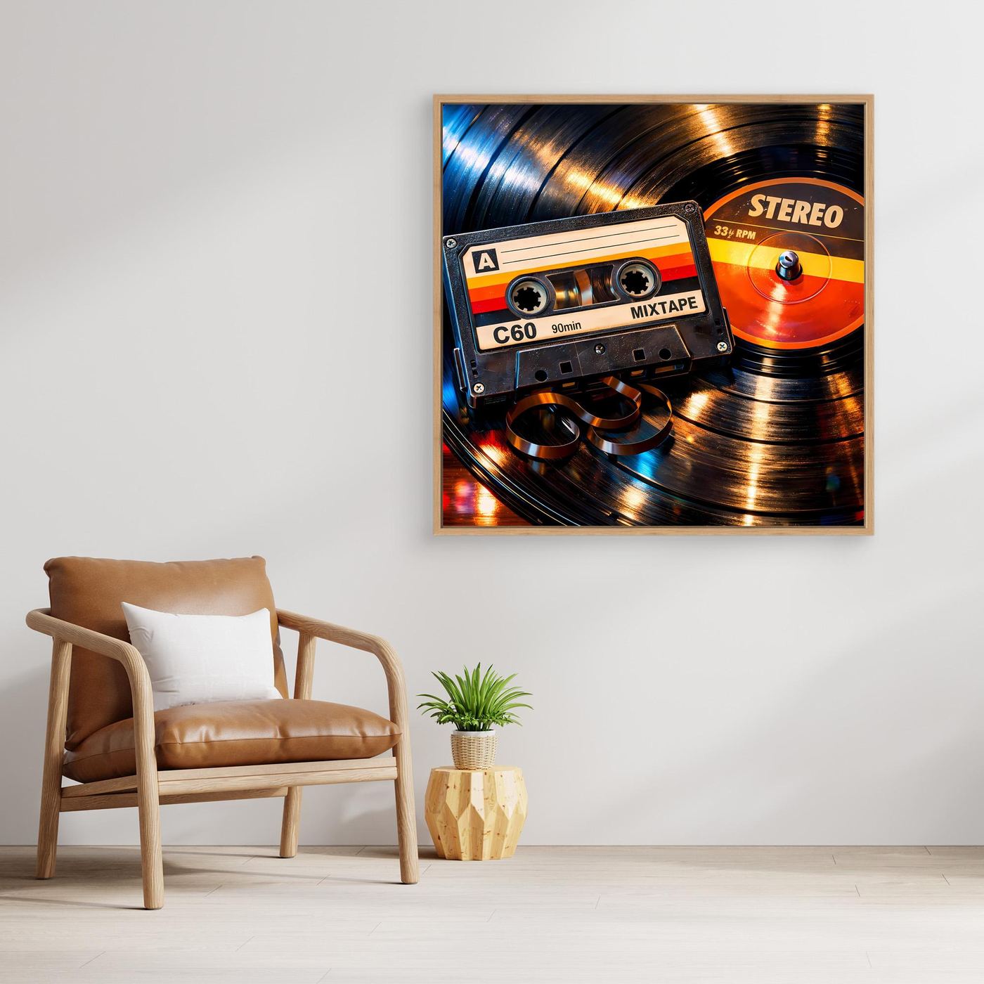 Gerahmtes Leinwandbild mit hellem Holzrahmen: Kassette „C60“ und orangefarbene Schallplatte