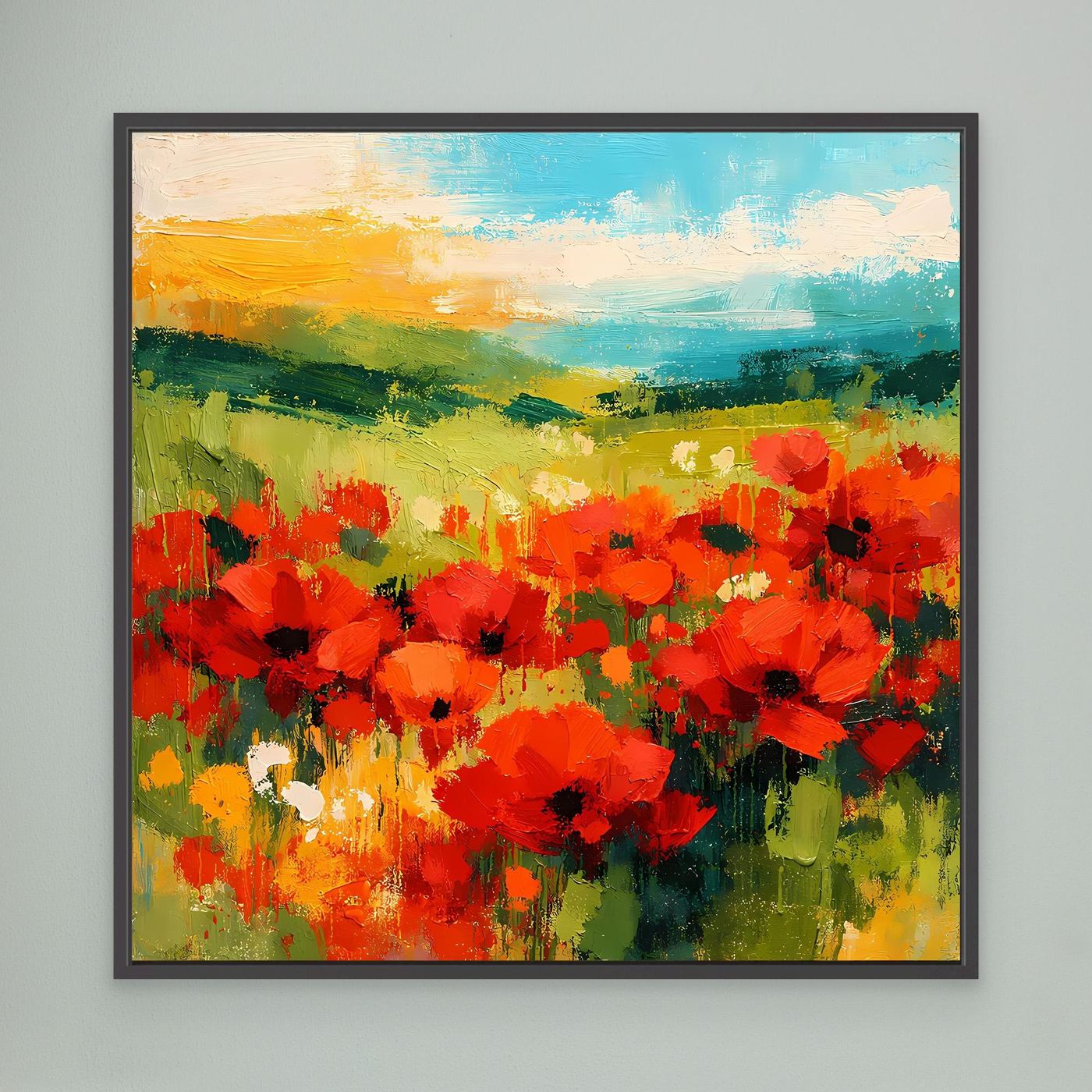 Abstract landscape wall art with red poppies, green fields, and blue sky; black frame