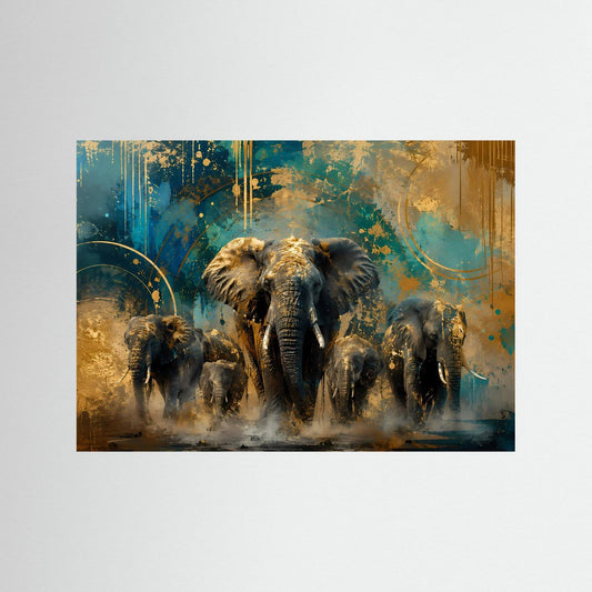 Elefanten-Wildlife-Poster: gold- und petrolfarbene Herde im gemalten Stil, Querformat