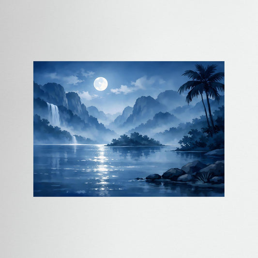 Querformat-Poster mit mondheller Nachtlandschaft am Bergsee und Palmen, ohne Rahmen