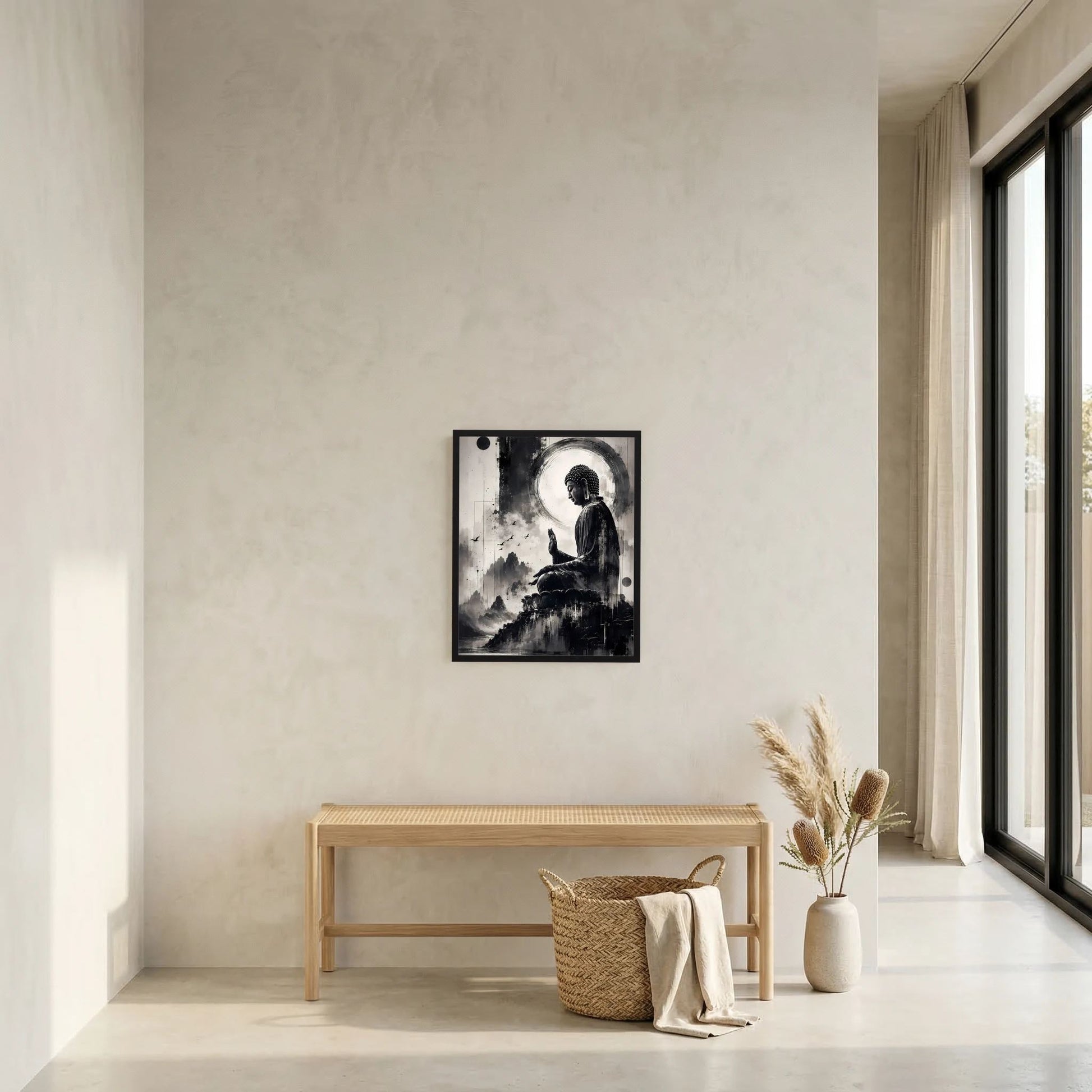 Kleines gerahmtes Schwarzweiß-Buddha-Zen-Poster an der Wand