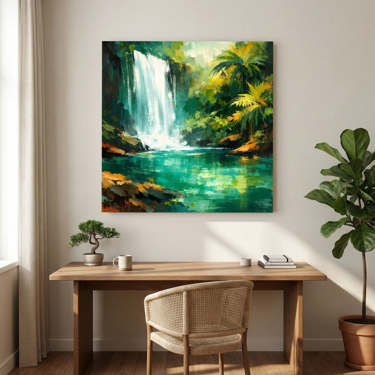 Leinwand-Wandbild mit Wasserfall im Grünen, Palmen und türkisfarbenem Gewässer