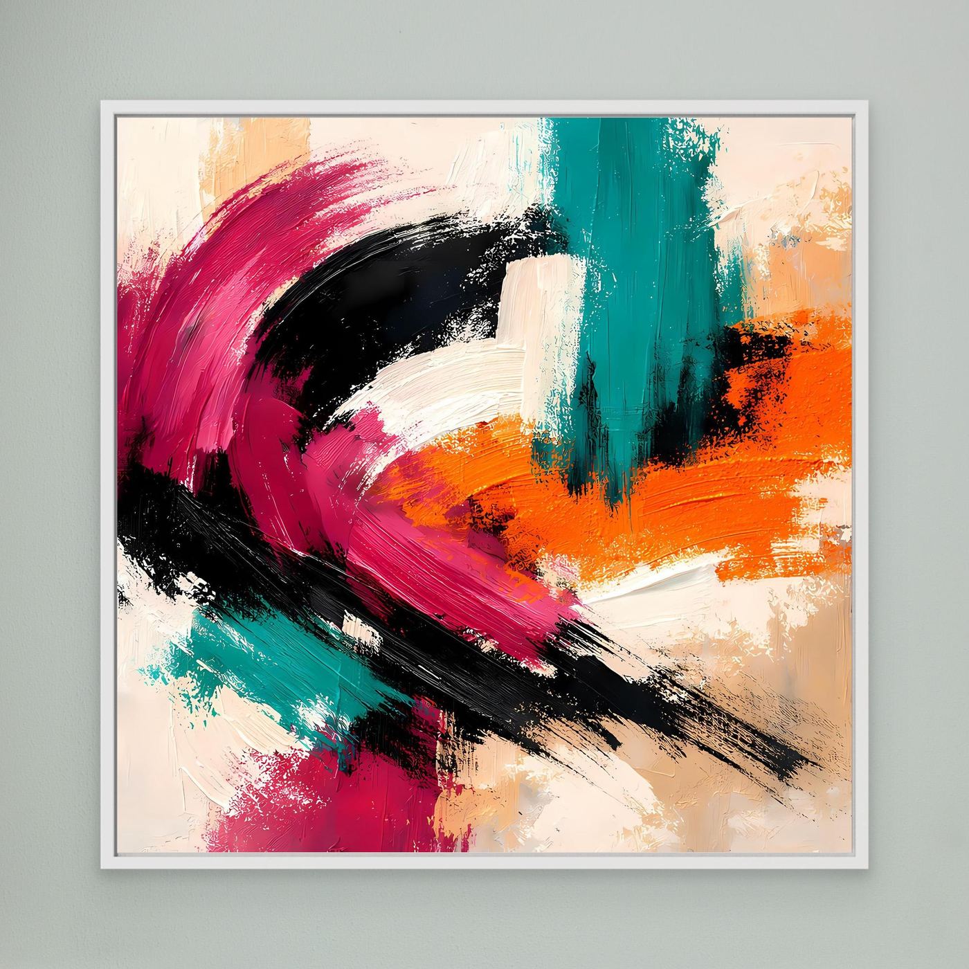 Abstraktes Wandbild auf Leinwand mit weißem Rahmen: Pink, Türkis, Orange und Schwarz.