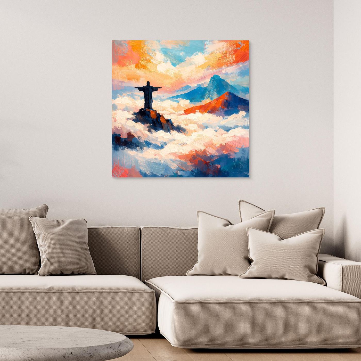 Leinwand-Wandbild mit Kreuz über Wolken, abstrakter Himmel in Orange, Blau und Türkis