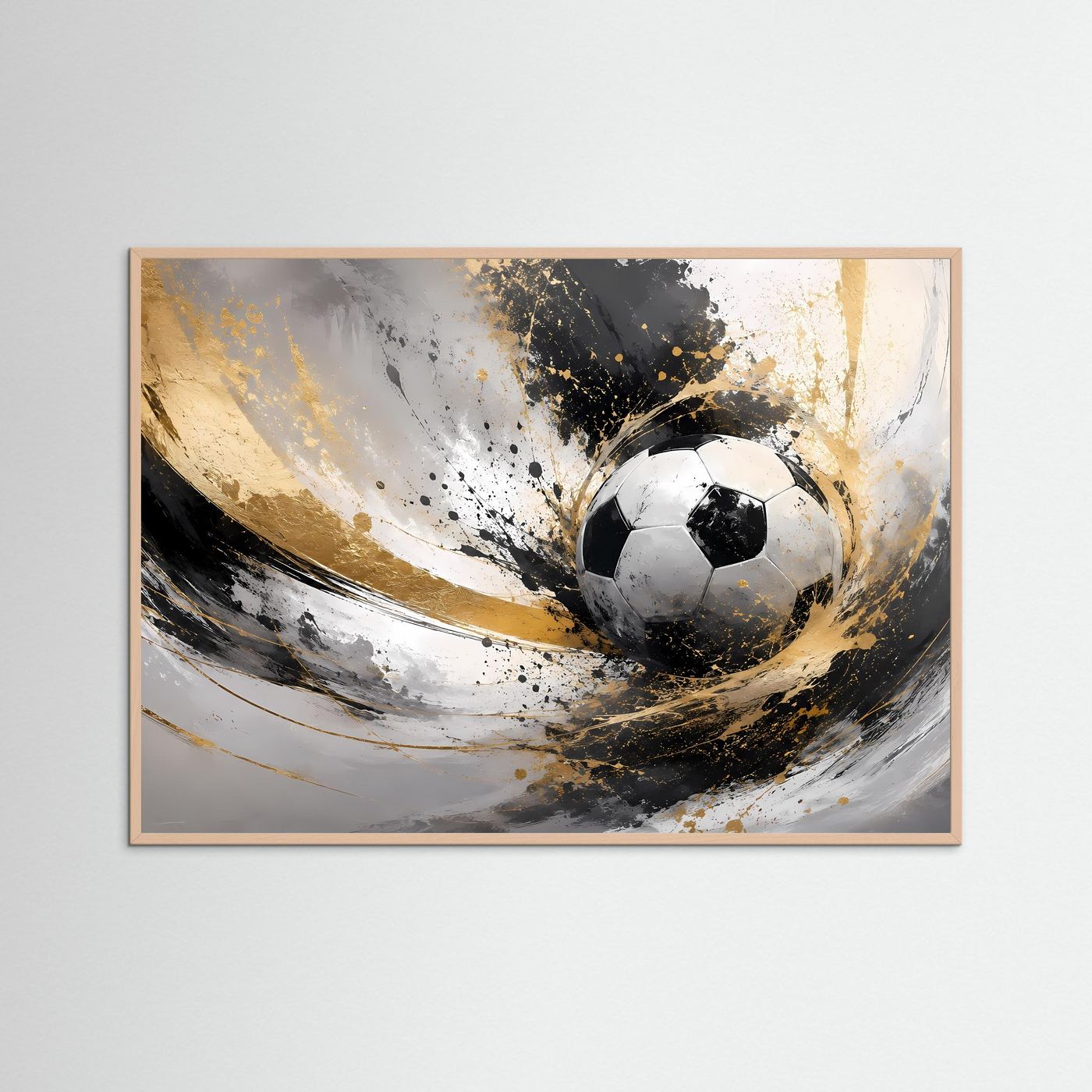 Gerahmtes Fußballkunst-Poster (roséfarbener Holzrahmen) mit schwarzem Ball und Spritzern