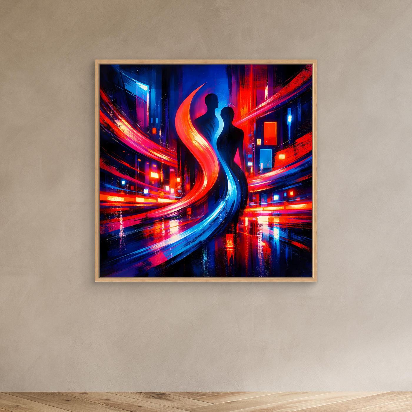 Abstraktes Leinwand-Wandbild mit Holzrahmen, Neon-City-Licht und Paar-Silhouette