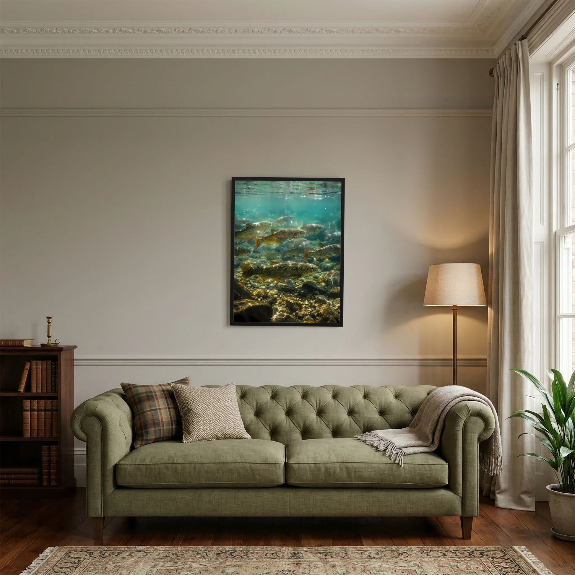 Wandposter im Hochformat mit Unterwassermotiv: Forellen im klaren Bach mit Steinen