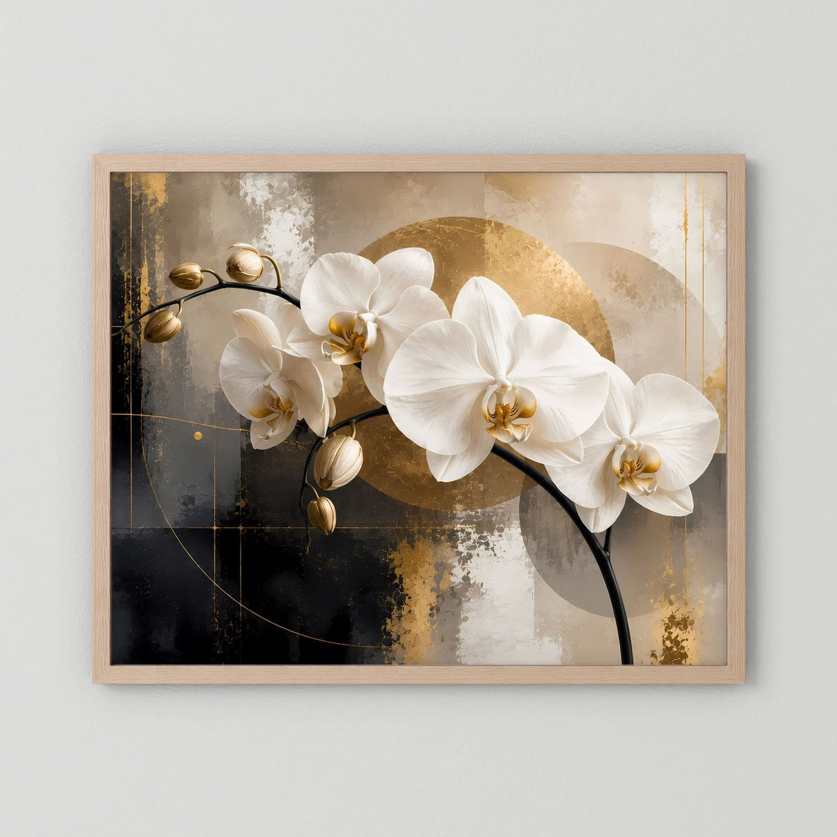 Querformatiges Leinwandbild mit weißen Orchideenblüten und goldenem Abstract-Hintergrund, braun gerahmt