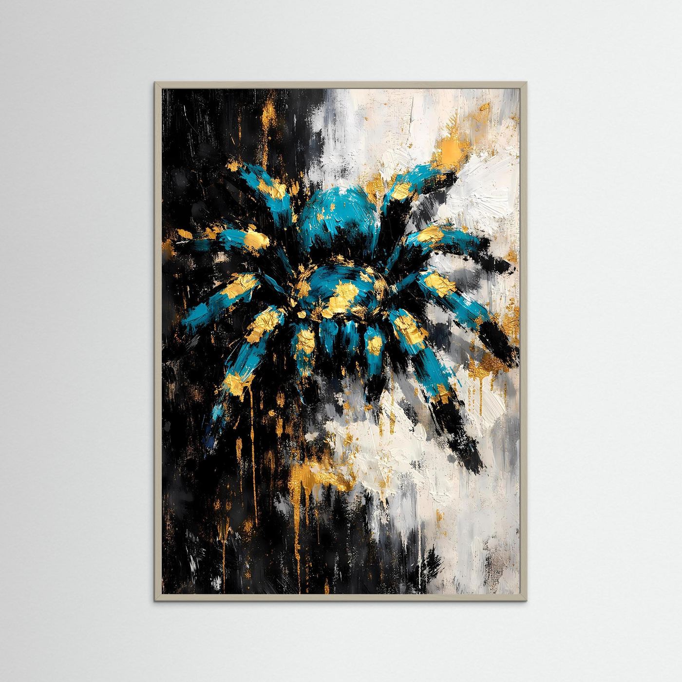 Abstraktes Spinnen-Kunstposter im Hochformat mit hellem Holzrahmen, türkis und Gold
