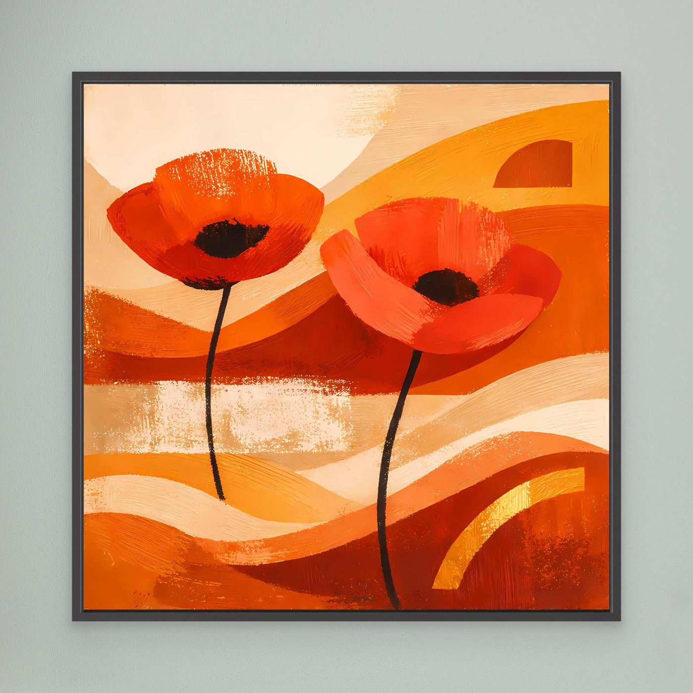 Leinwandbild mit abstrakten roten Mohnblumen in warmen Orangetönen im schwarzen Rahmen