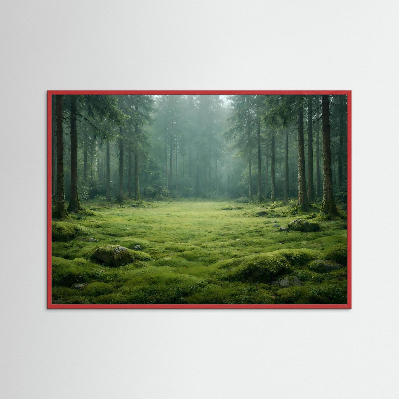 Wandbild mit Waldlandschaft und Moospolster, roter Rahmen