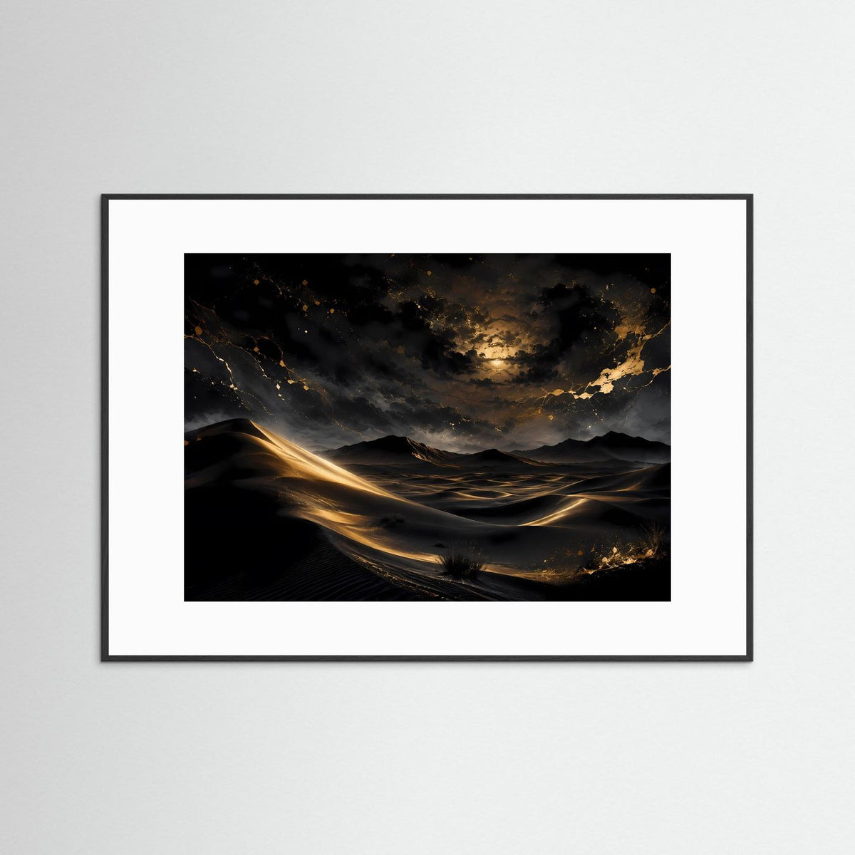 Wüstenlandschaft-Wandposter mit weißem Passepartout und schwarzem Rahmen: goldene Nacht-Dünen