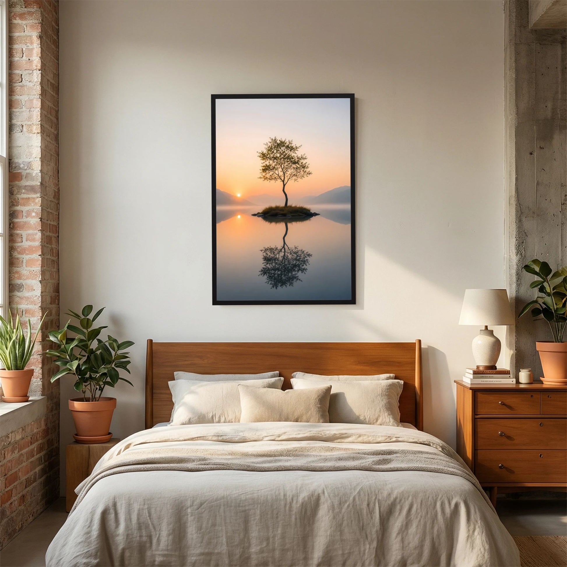 Poster im Hochformat mit schwarzem Rahmen: Baum auf Insel mit Spiegelung im See