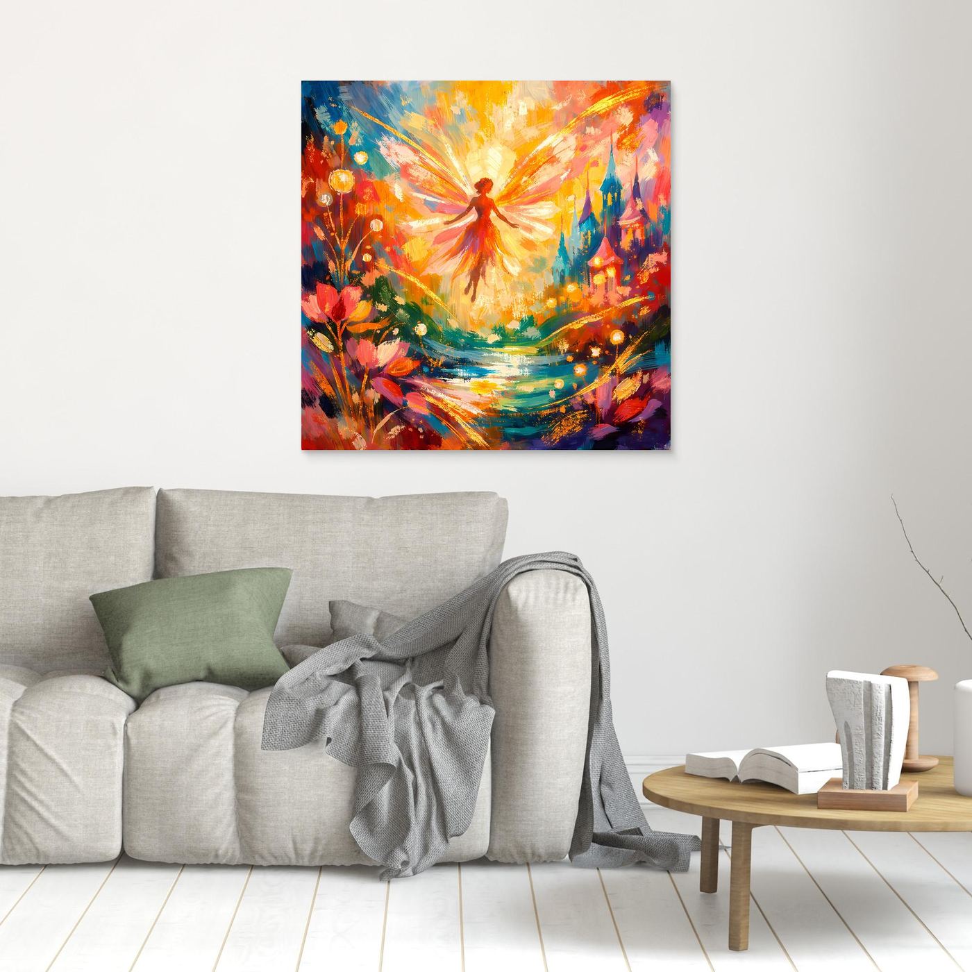 Leinwandbild im Holzrahmen: abstrakte Fantasy mit Sonne/Strahlen, Figur, Blumen und leuchtende Häuser.