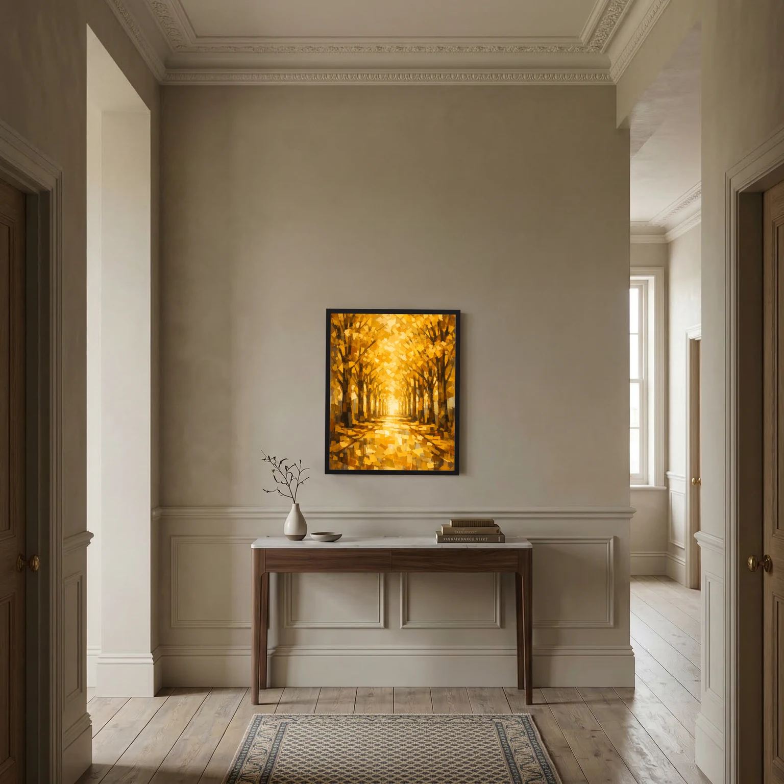 Hochformatiges Wandbild im dunklen Rahmen mit goldener Baumallee im Herbstwald