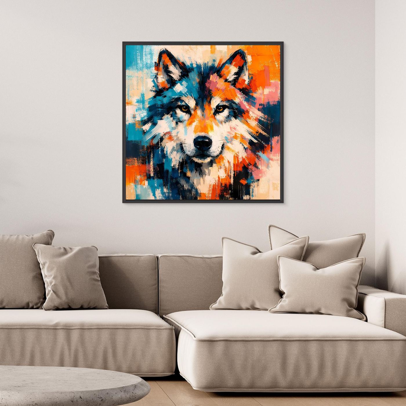 Framed abstract wolf canvas wall art with multicolor brush style and frontal face