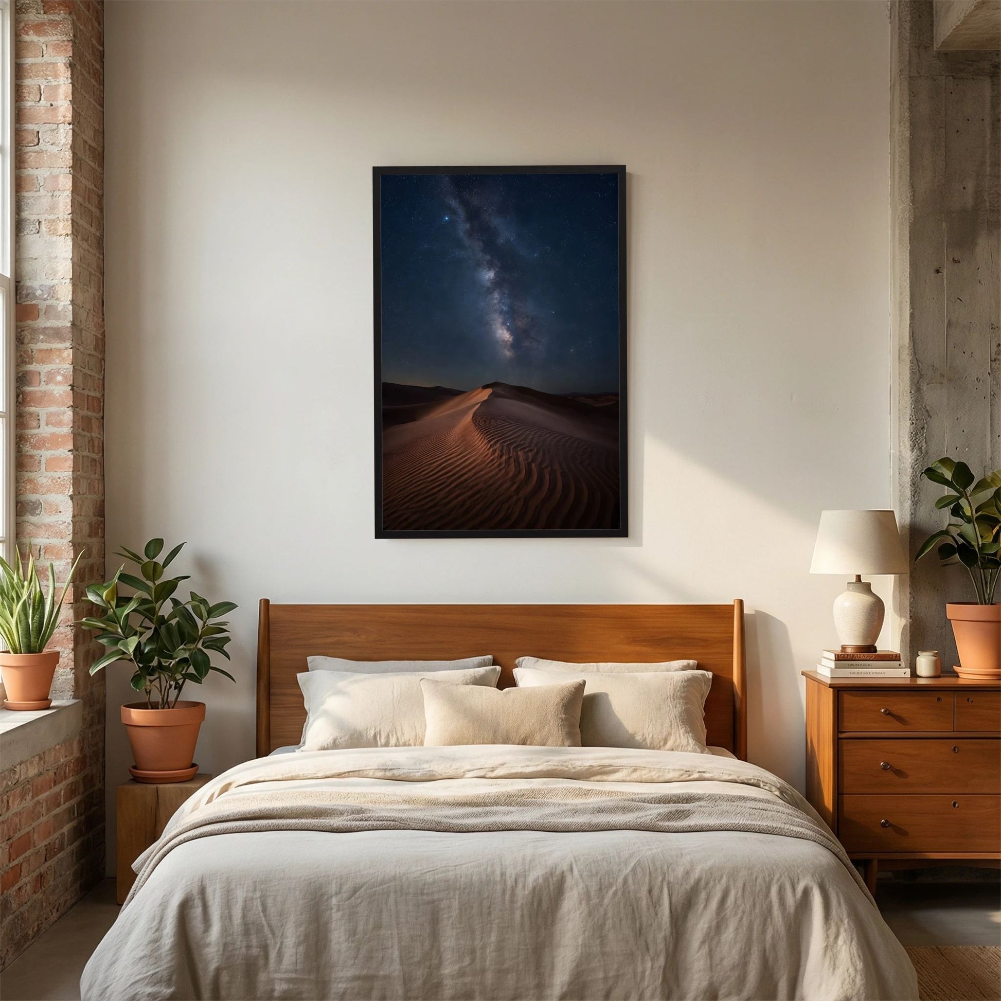 Hochformatiges Poster mit Sanddünen bei Nacht, Milchstraße und Sternenhimmel, schwarzer Rahmen
