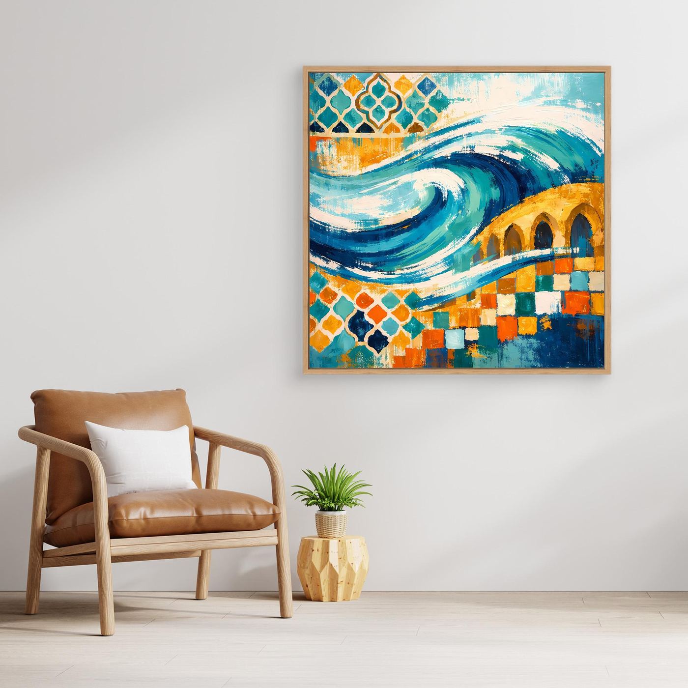 Abstraktes Leinwand-Wandbild mit Wellen- und Mosaikornamenten in Blau, Grün und Gelb