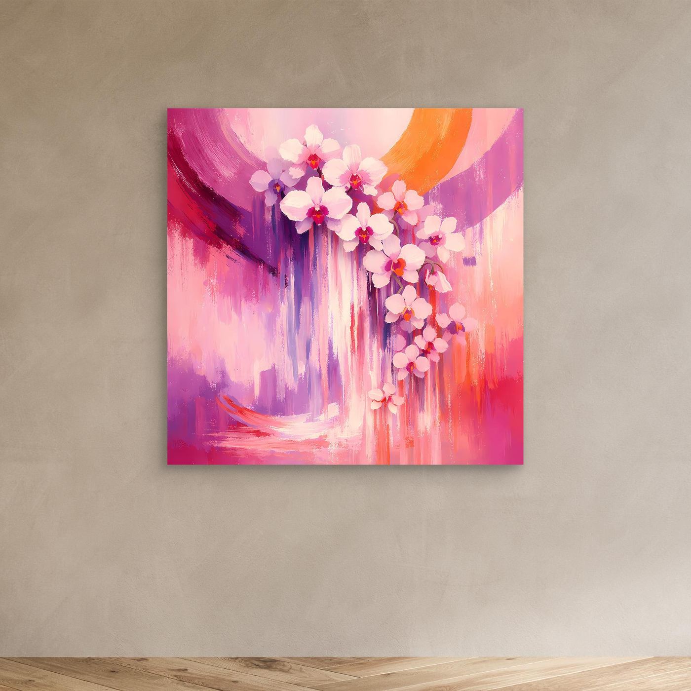 Leinwandbild mit abstrakten Orchideenblüten, pink-violetter Farbmischung ohne Rahmen