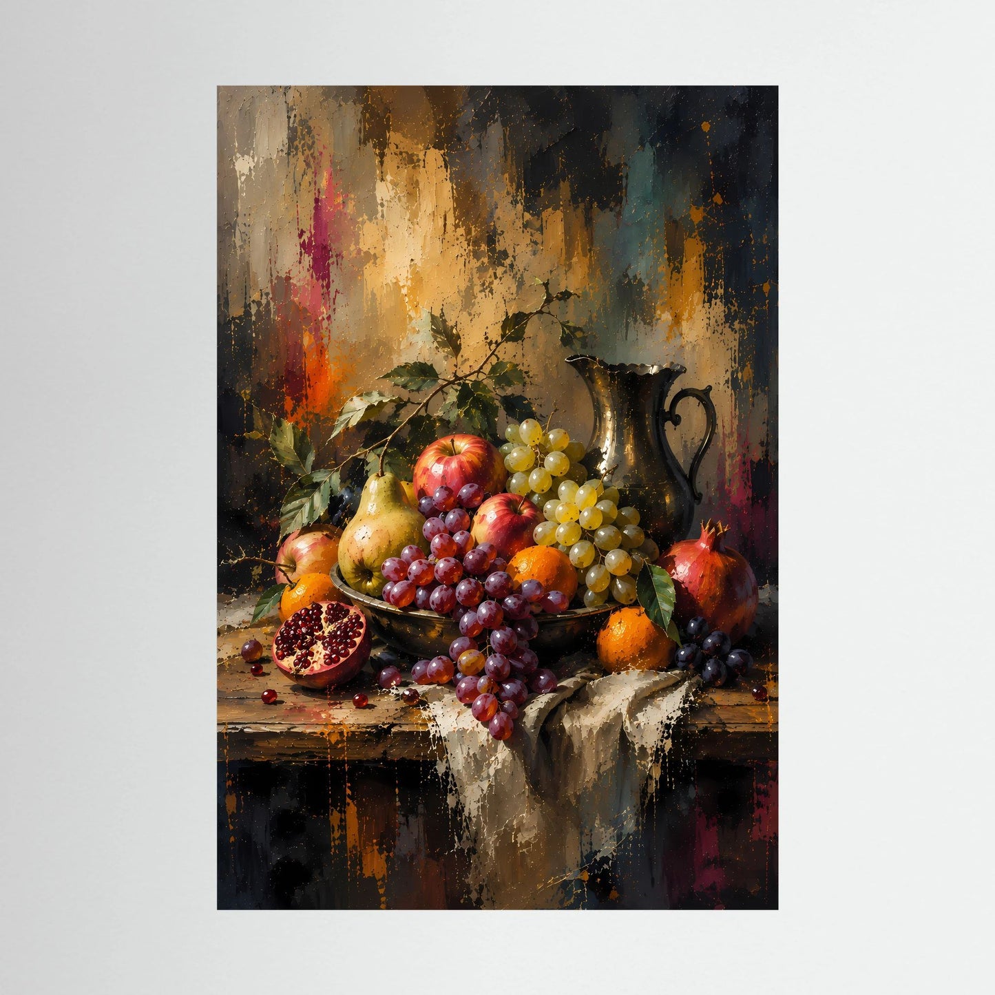 Kunstposter im Hochformat: Stillleben mit Trauben, Granatapfel und Äpfeln