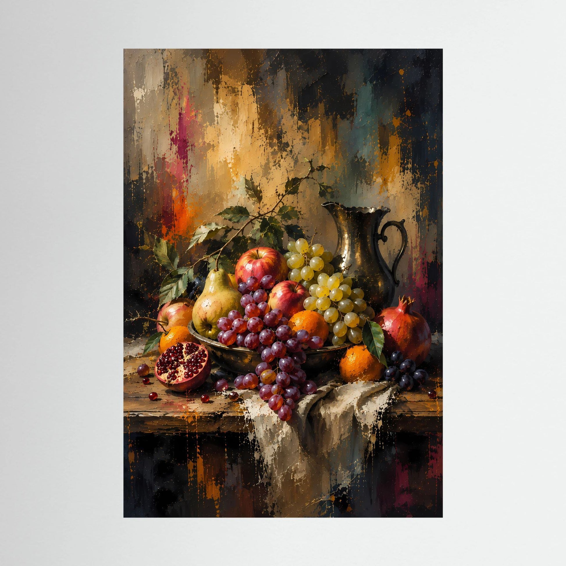 Kunstposter im Hochformat: Stillleben mit Trauben, Granatapfel und Äpfeln