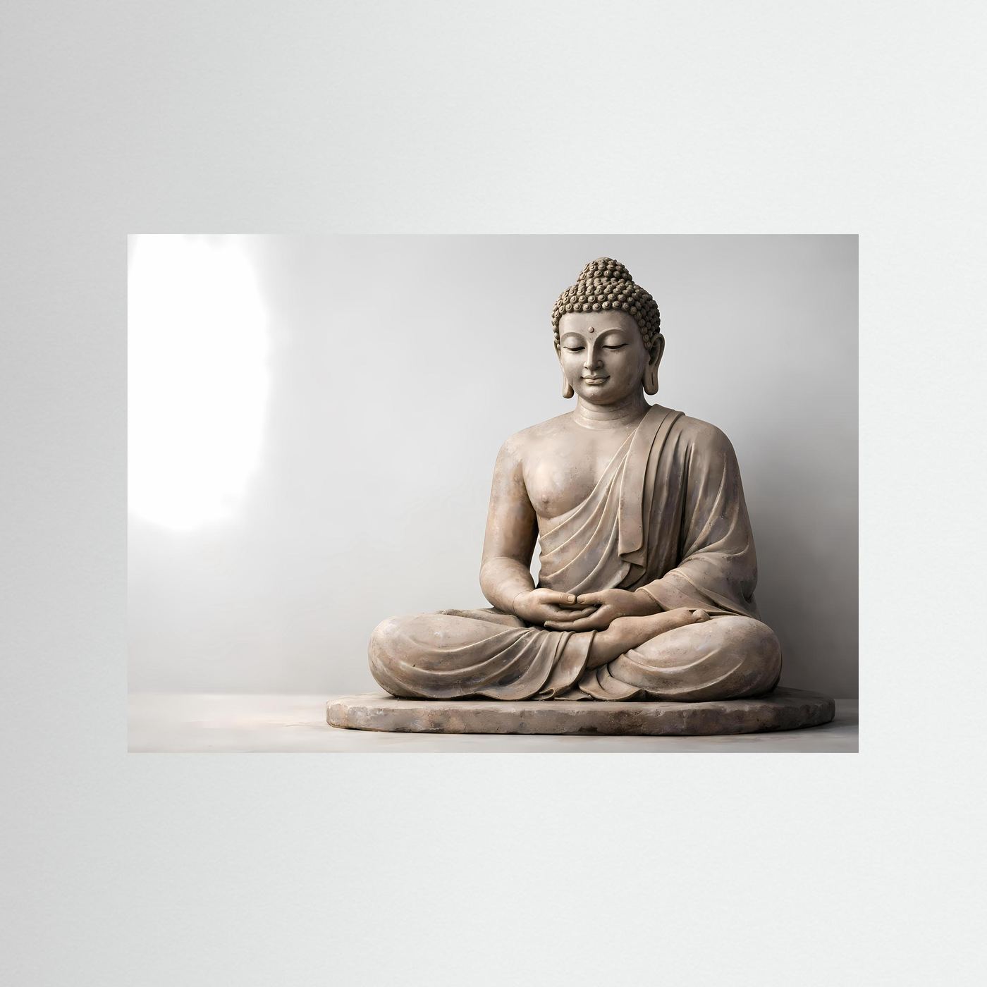Poster mit sitzendem Buddha in Meditation, schlichte graue Darstellung