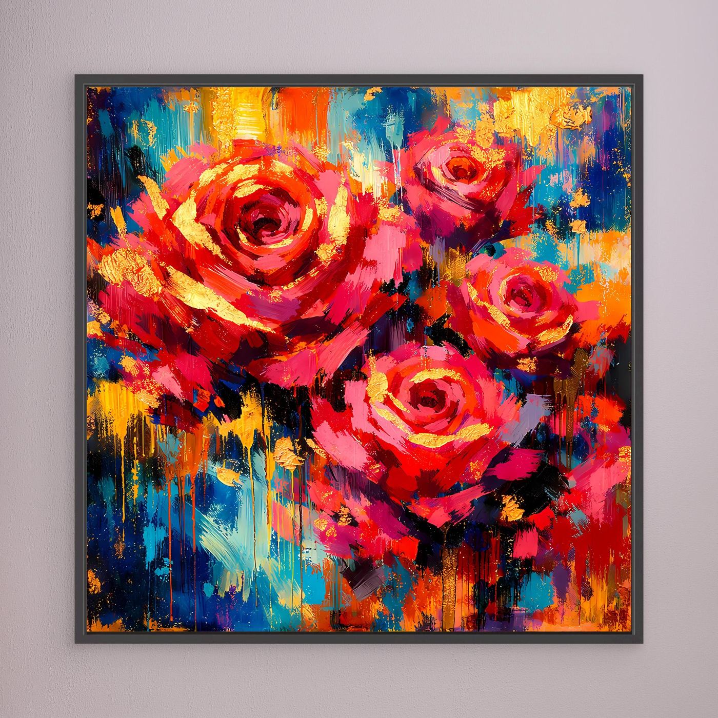 Leinwandbild mit abstrakten Rosen in Rot, Gelb und Blau, mit schwarzem Rahmen