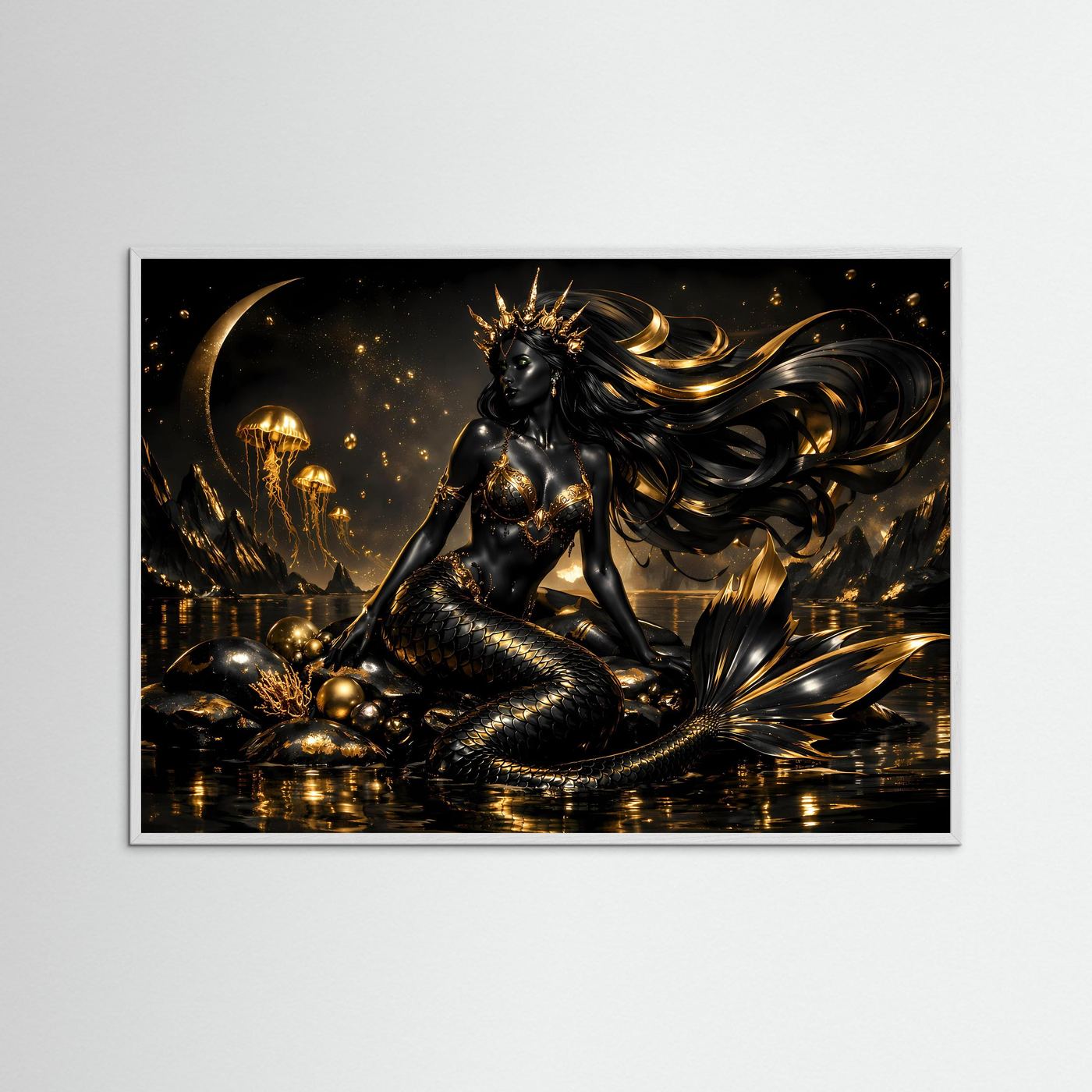 Schwarze Meerjungfrau mit Goldkrone & Quallen | Mystisches Wandbild Querformat