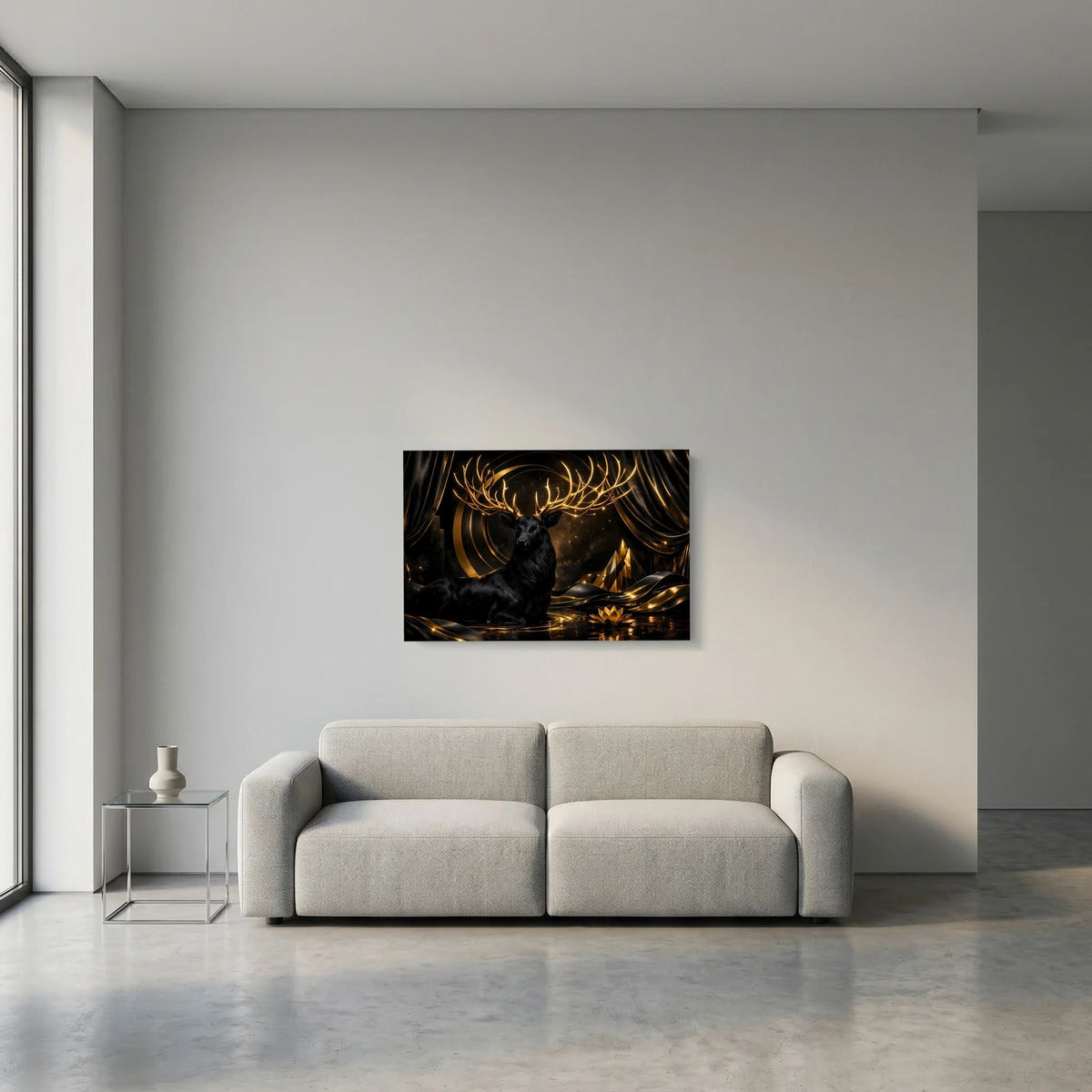 Wandposter mit schwarzem Hirschkopf und goldenem Geweih, abstrahierte dunkle Lichter