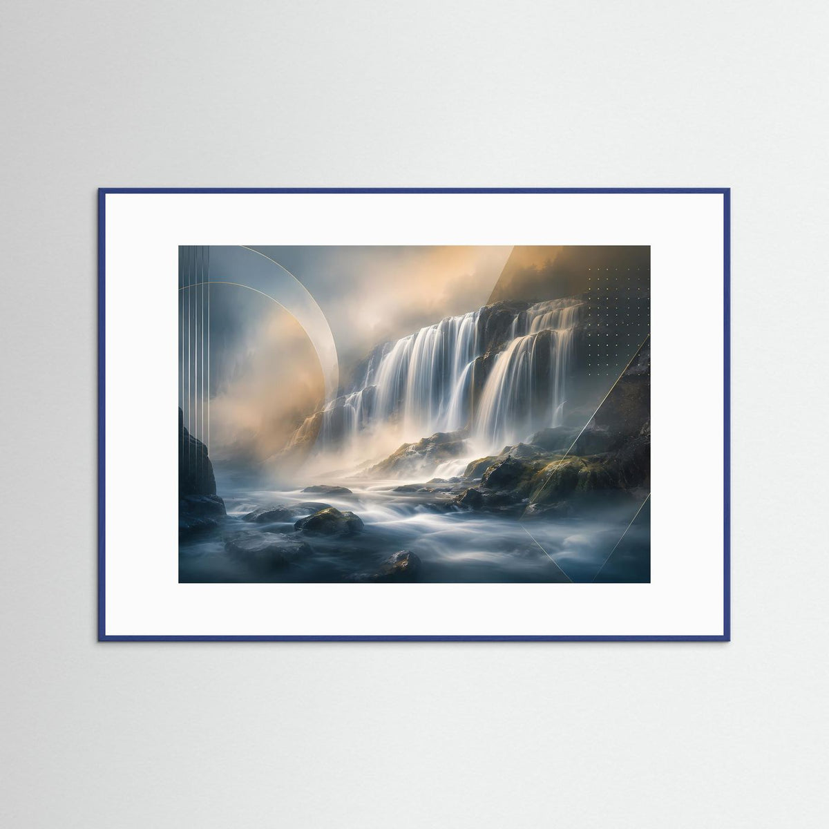 Poster Querformat mit abstraktem Wasserfall in Blau und Gold, blau gerahmt
