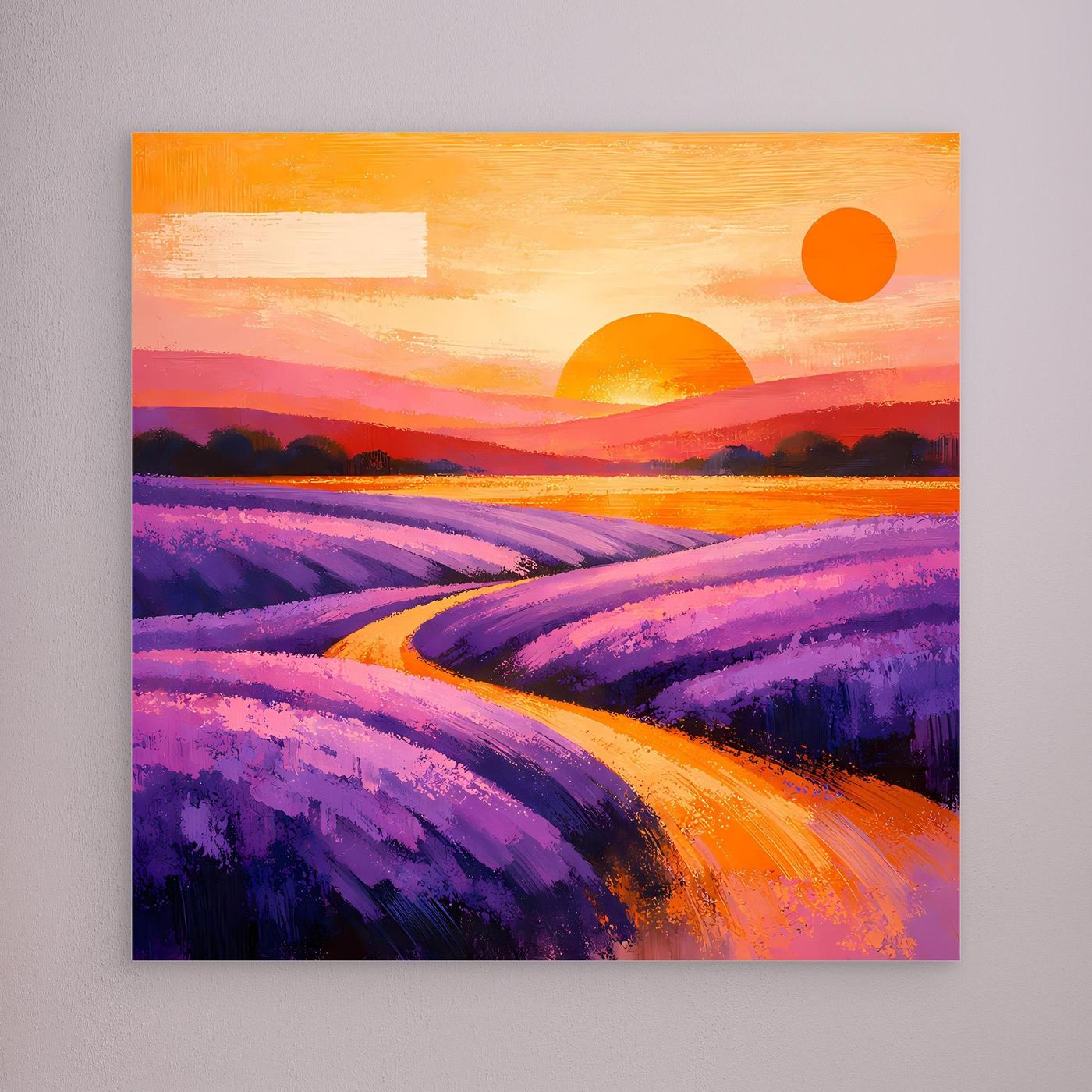 Leinwandbild mit Lavendelfeld-Illustration, ohne sichtbaren Rahmen; violett-orange Himmel