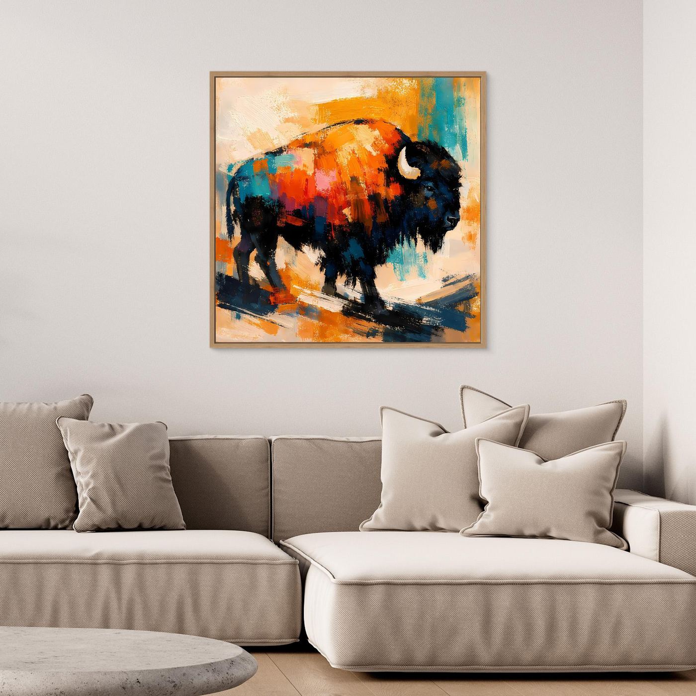 Abstract bison wall art with orange, teal, and black brushwork and light wood frame