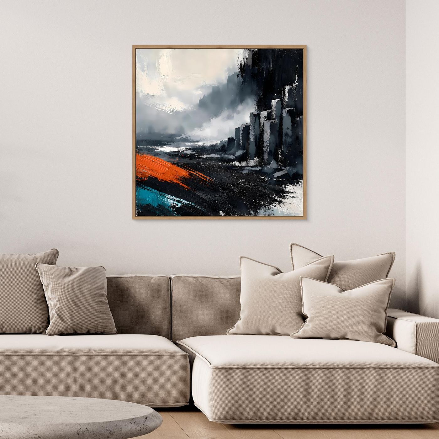 Leinwand Abstraktes Basaltsäulen Gemälde | Modernes Isländisches Vulkan Wandbild Schwarz Orange